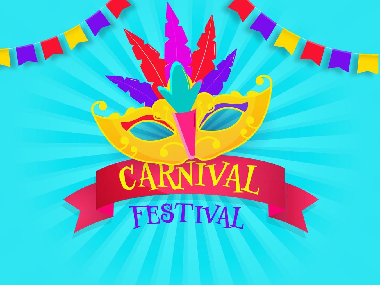 carnaval Festival affiche conception avec coloré plume fête masque et bruant drapeaux sur ciel bleu Contexte. vecteur