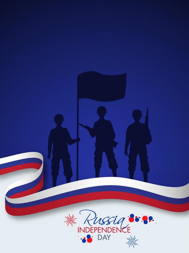 silhouette soldats en portant une drapeau avec ondulé russe ruban sur bleu Contexte pour Russie indépendance journée fête. vecteur