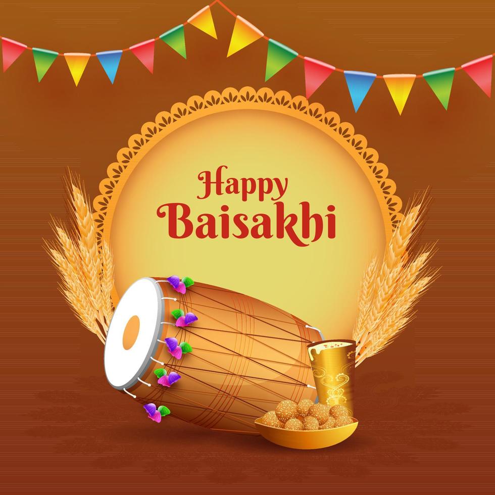 illustration de punjabi Festival baisakhi ou vaisakhi avec une content punjabi homme en jouant tambour et performant traditionnel Danse bhangra avec blés, sucré et boisson sur violet Contexte. vecteur