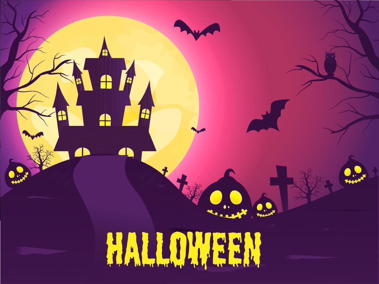 égouttage Halloween texte avec citrouilles, chauves-souris en volant, hibou, hanté maison et cimetière vue sur plein lune violet et rose Contexte. vecteur