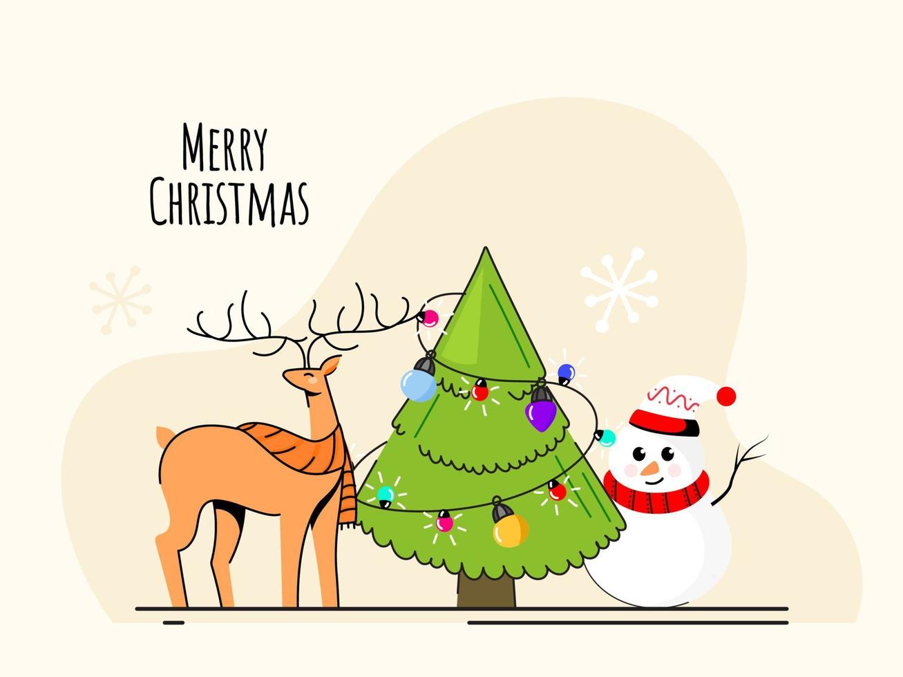 joyeux Noël fête affiche conception avec décoratif Noël arbre, renne et dessin animé bonhomme de neige sur beige Contexte. vecteur