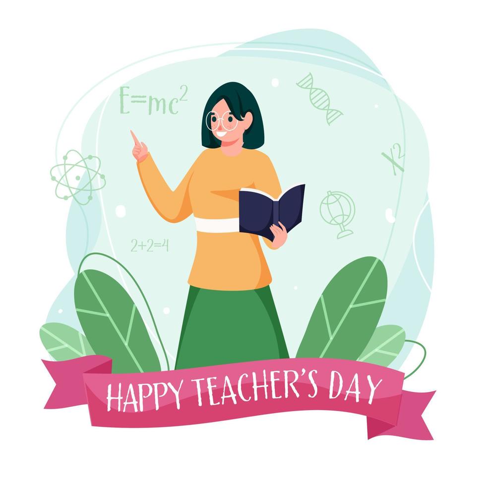 femelle prof en portant livre avec indice doigt et vert feuilles sur blanc Contexte pour content enseignants journée. vecteur