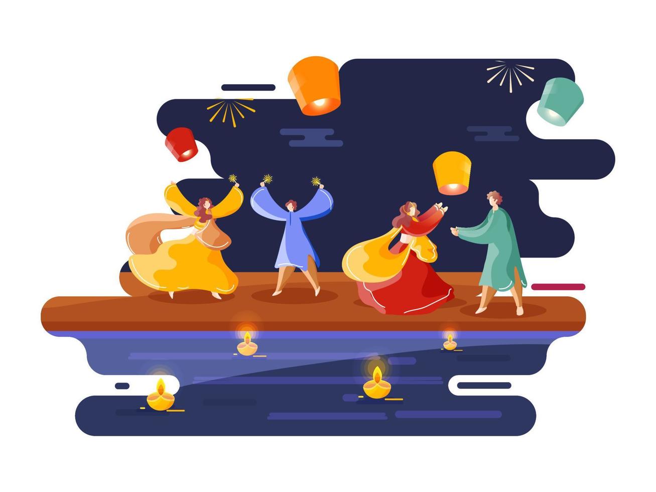 illustration de Jeune des couples profiter ou célébrer avec scintillait des bâtons et ciel lanternes sur abstrait Contexte pour content Diwali. vecteur