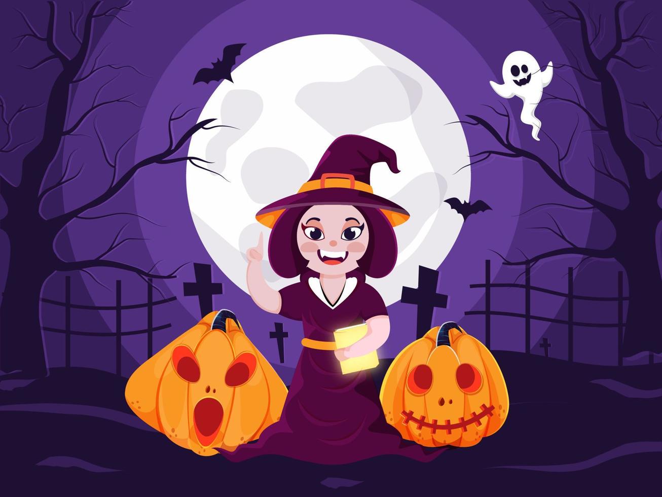 illustration de de bonne humeur sorcière en portant livre avec citrouilles, en volant chauves-souris et fantôme sur plein lune violet cimetière vue Contexte. vecteur
