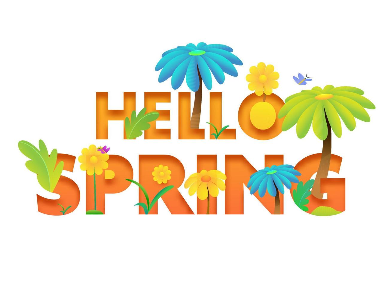 Orange papier Couper Bonjour printemps typographie décoré avec fleurs, papillons et feuilles sur blanc Contexte. vecteur