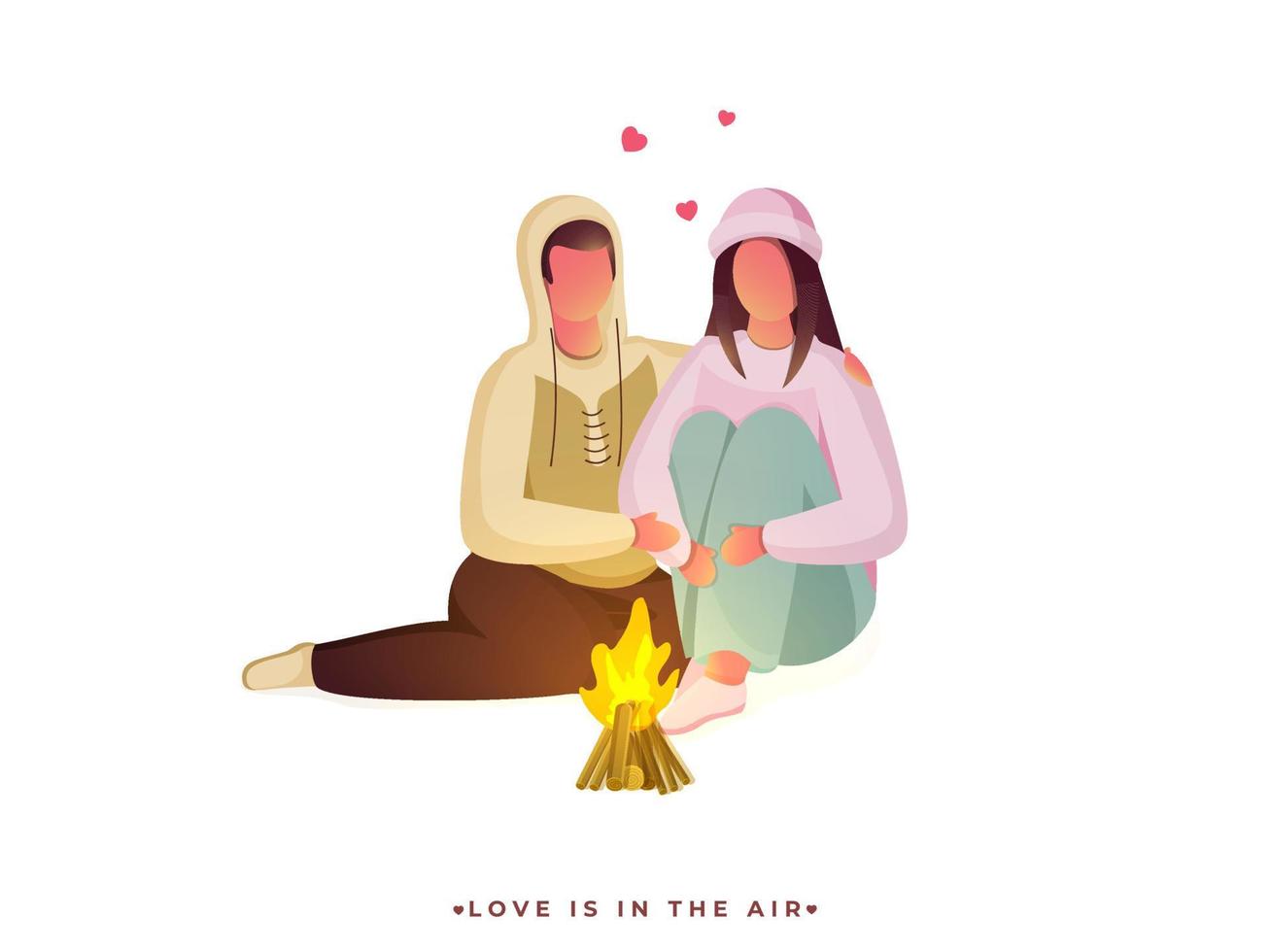 sans visage aimant couple portant de laine vêtements asseoir dans de face de feu sur blanc Contexte. vecteur
