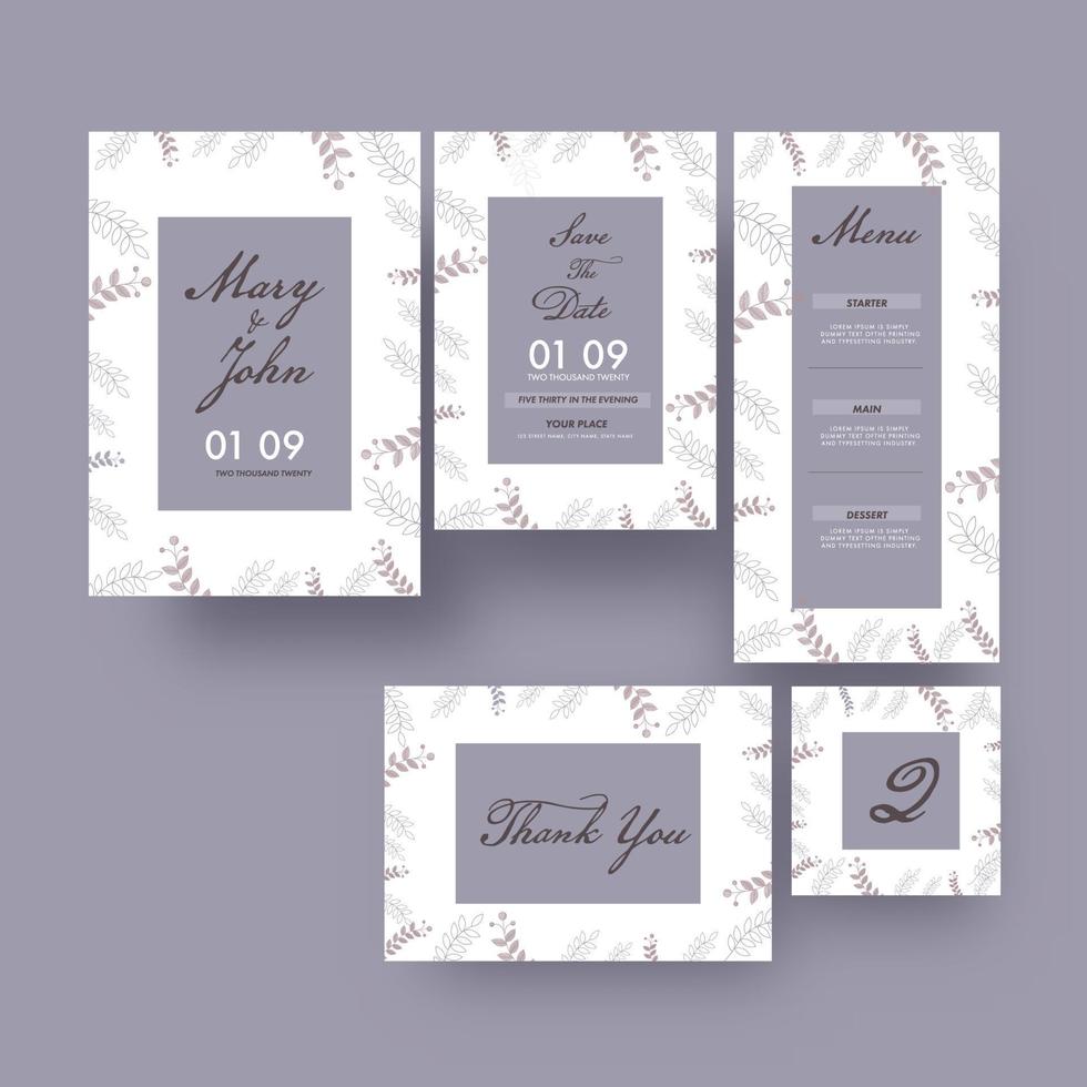 mariage invitation modèle disposition avec enregistrer le date, menu, table nombre et remercier vous carte. vecteur