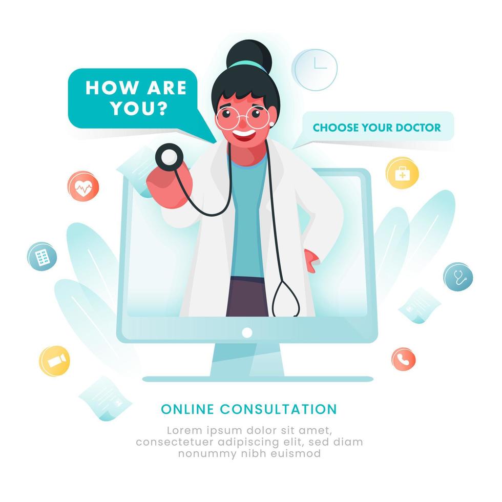 dessin animé femme médecin en portant stéthoscope dans ordinateur écran avec médical éléments sur blanc Contexte pour en ligne consultation. vecteur