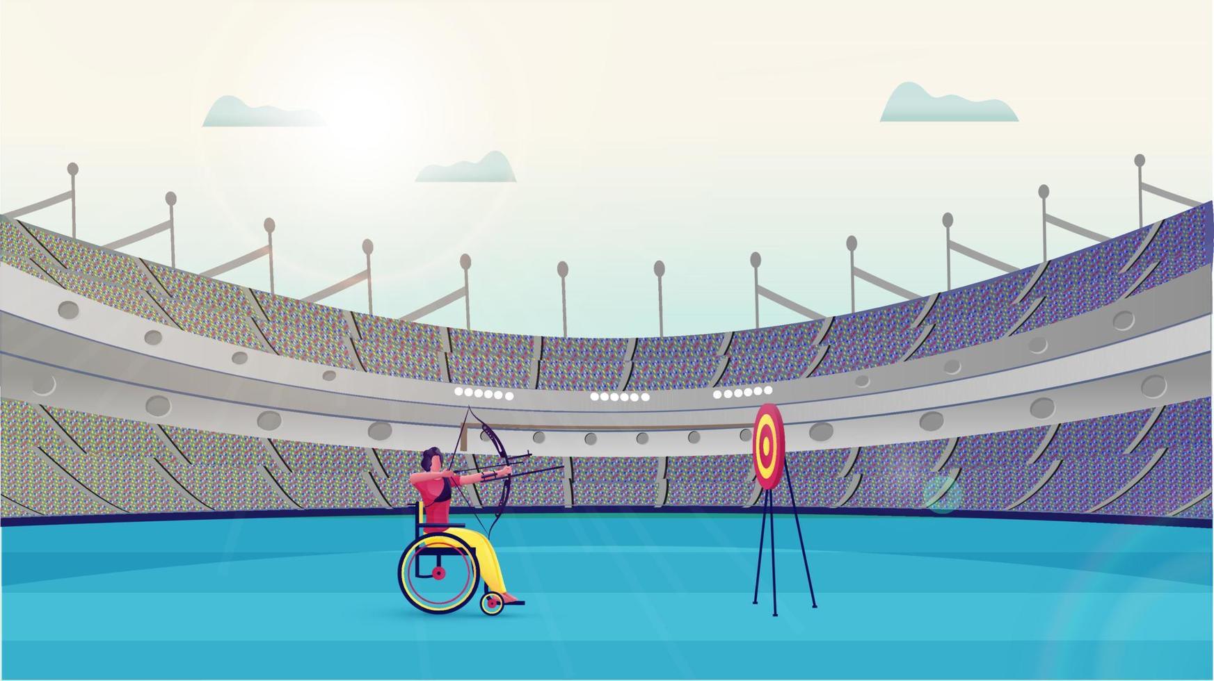 handicap homme prise objectif de arc La Flèche dans jeu de fléchettes sur stade Contexte. vecteur