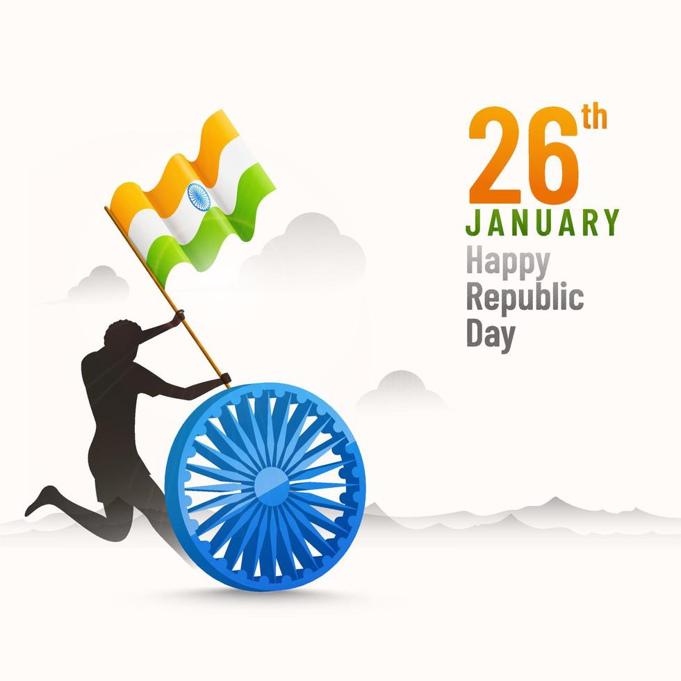 silhouette homme fonctionnement avec Indien drapeau et 3d ashoka roue sur blanc Contexte pour 26e janvier content république journée. vecteur