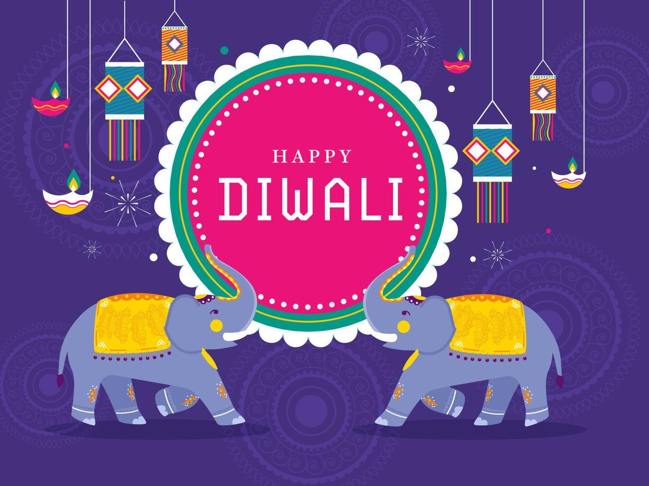 content diwali fête affiche conception avec dessin animé deux les éléphants, pendaison lanternes et allumé pétrole les lampes décoré sur bleu mandala modèle Contexte. vecteur