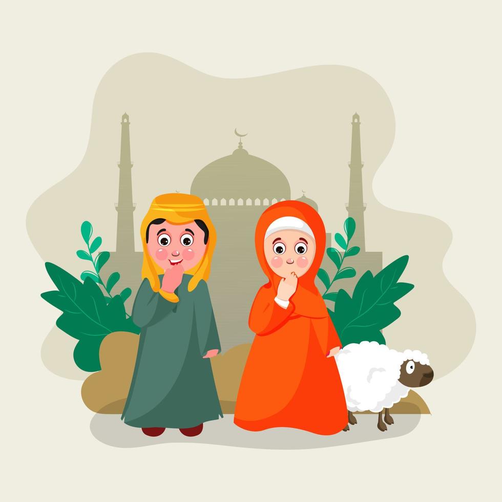 musulman couple dans aadab ou Bienvenue pose avec dessin animé mouton et vert feuilles sur olive vert silhouette mosquée Contexte pour islamique Festival fête. vecteur