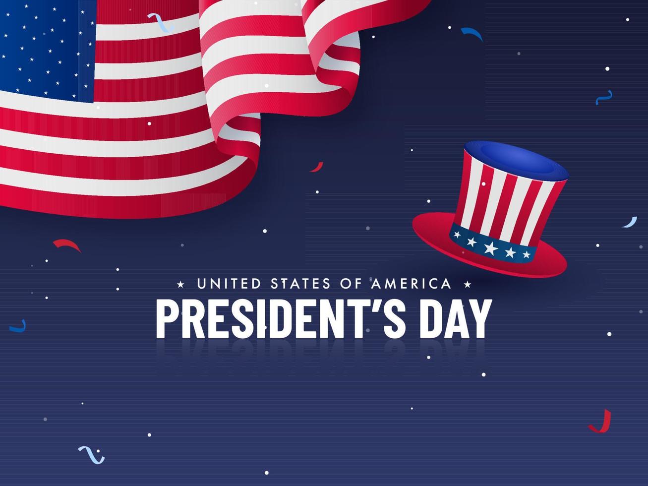 uni États de Amérique, du président journée affiche conception avec oncle sam chapeau et américain ondulé drapeau sur bleu Contexte. vecteur