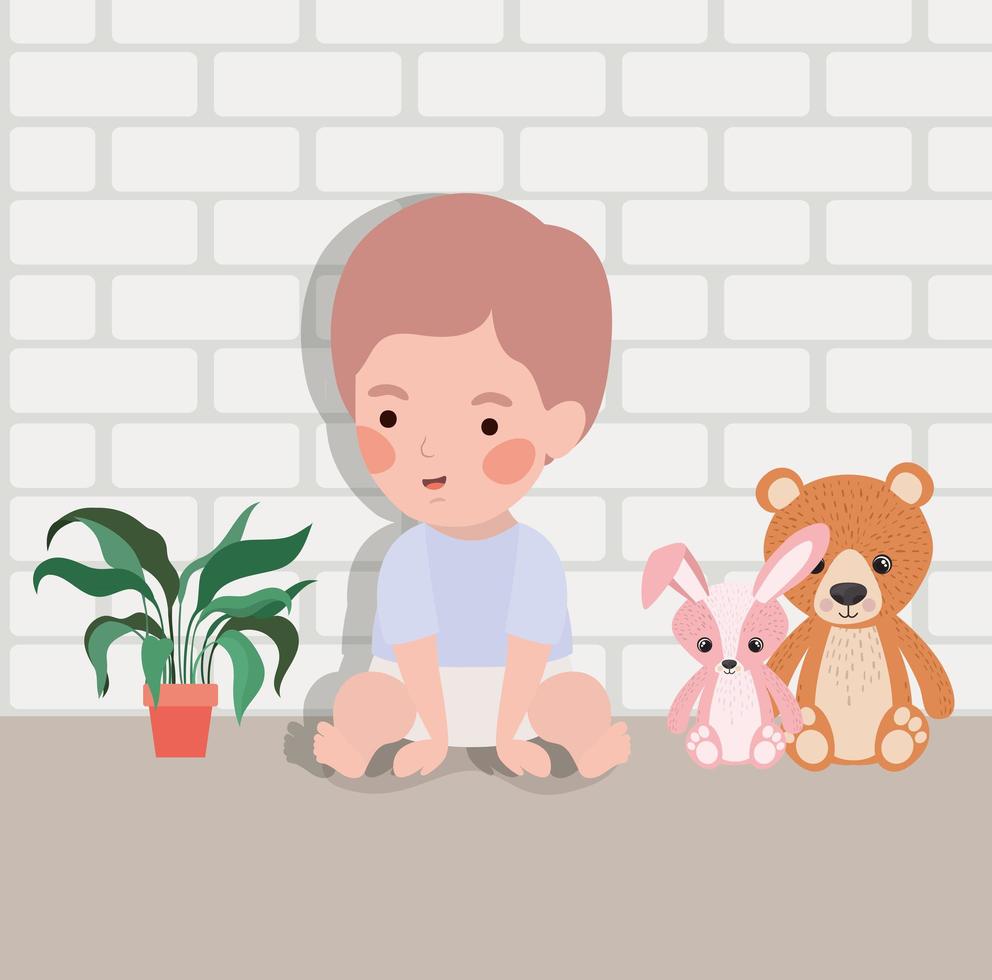 petit garçon avec personnage de jouets en peluche vecteur