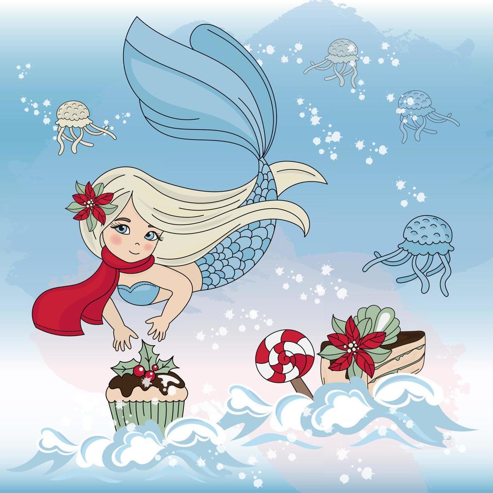 Sirène sucré joyeux Noël dessin animé vecteur illustration ensemble