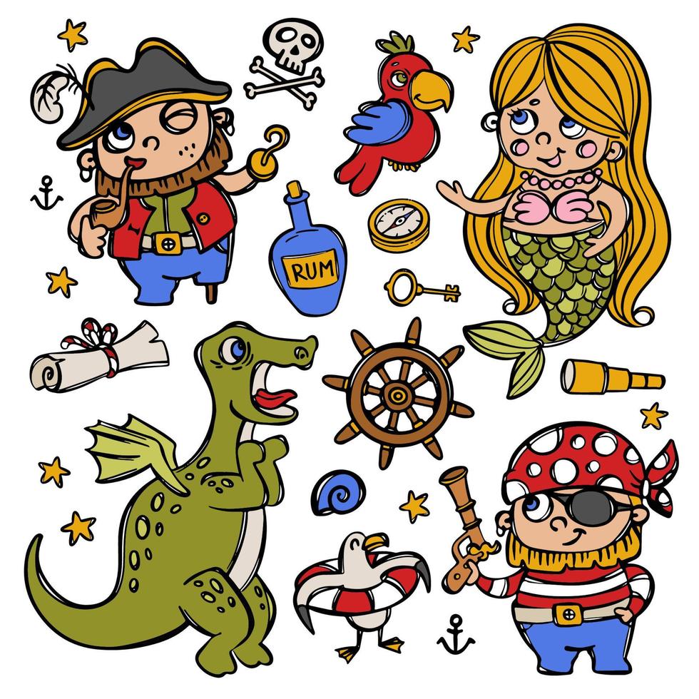 Sirène et pirates nautique objets vecteur illustration ensemble