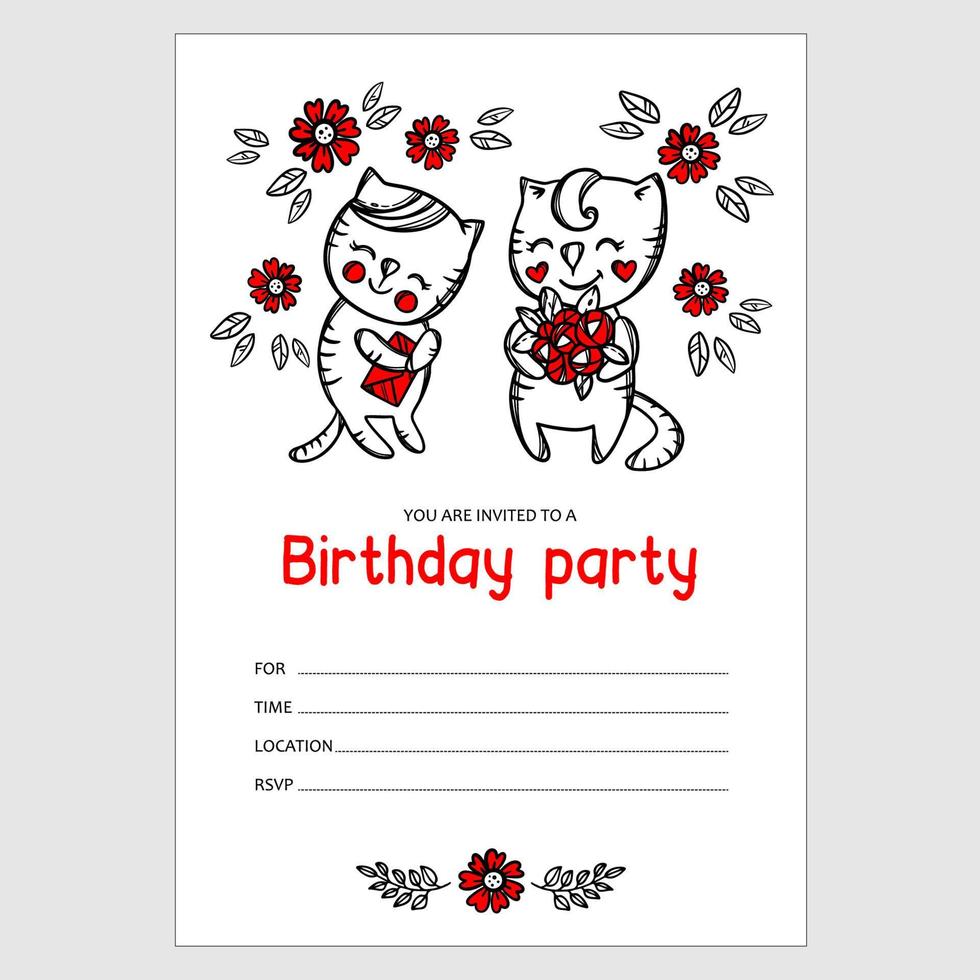 chaton invite anniversaire chat avec fleurs dessin animé texte bannière vecteur