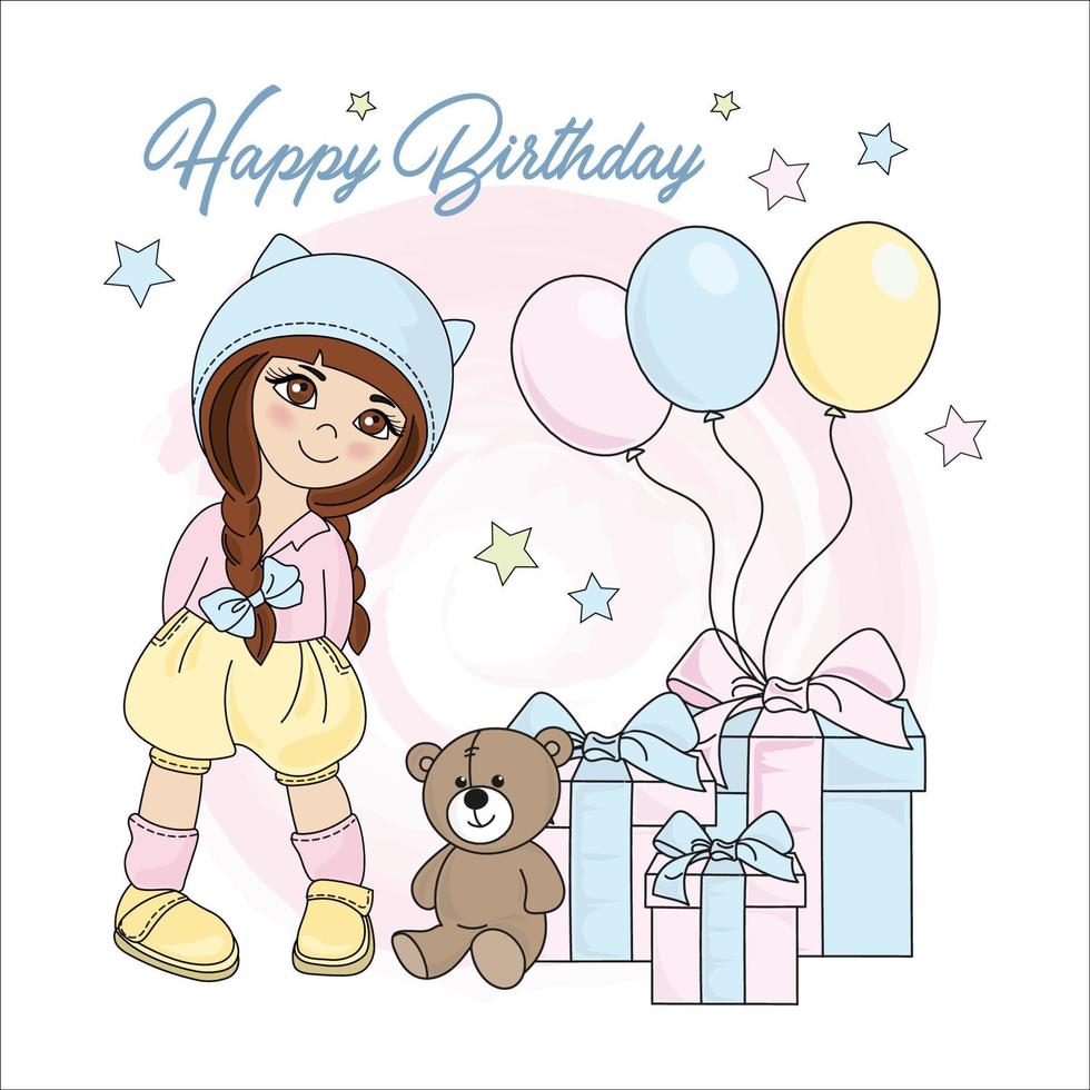 fille anniversaire vacances dessin animé agrafe art vecteur illustration ensemble