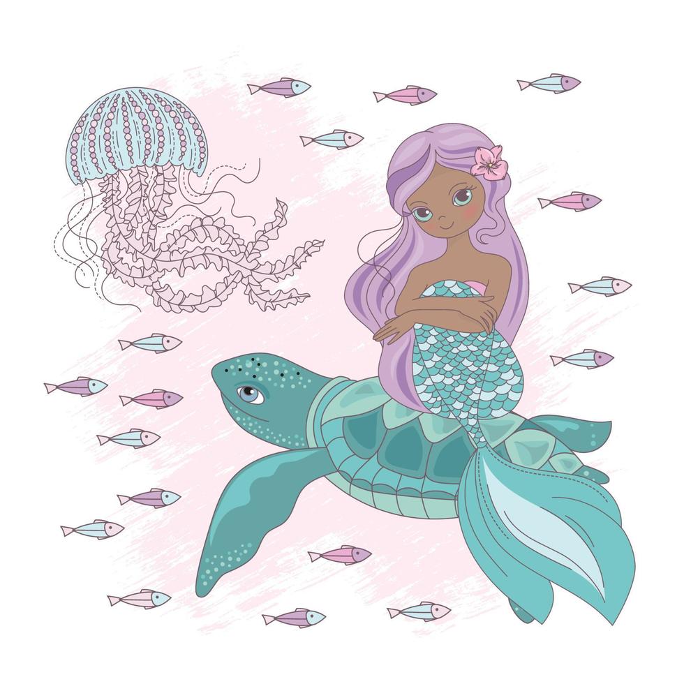 Sirène sur tortue sous-marin Princesse vecteur illustration ensemble