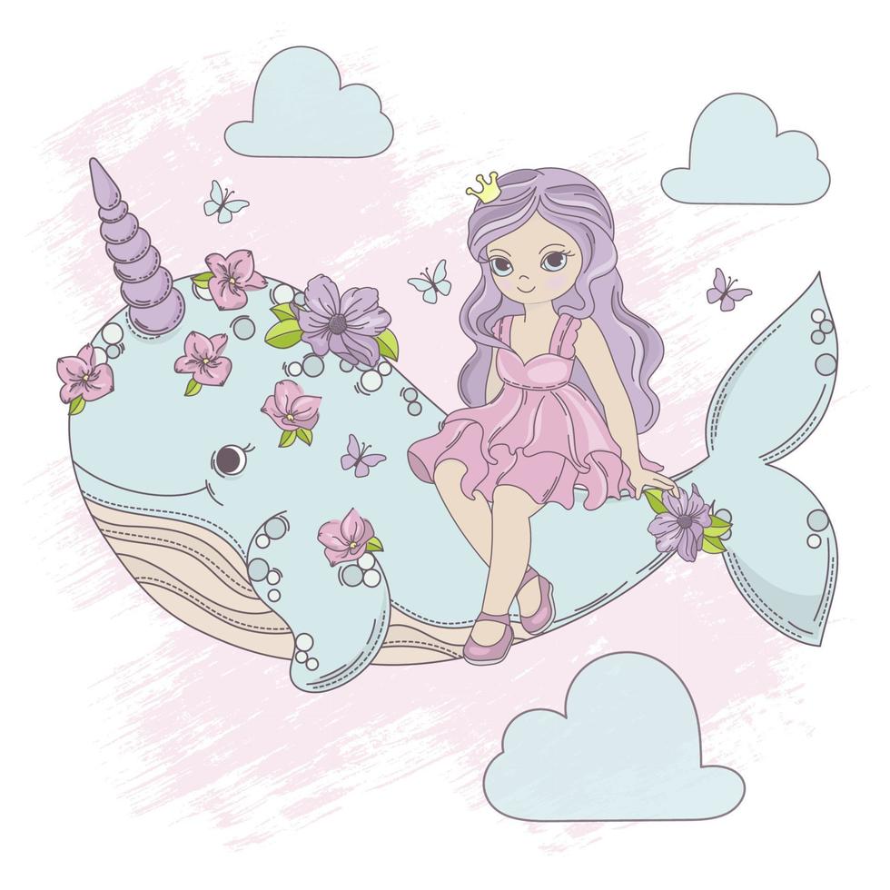 en volant Princesse Licorne baleine dessin animé vecteur illustration ensemble