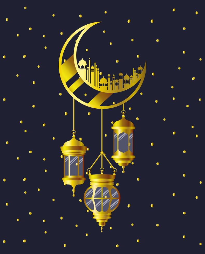 lune dorée avec des bâtiments de mosquée et des lampes suspendues vecteur