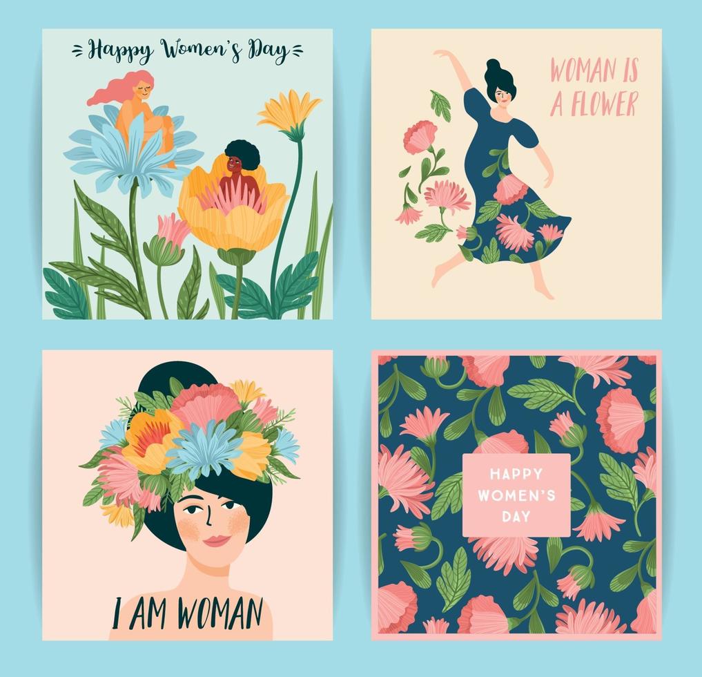 journée internationale de la femme. ensemble d & # 39; illustrations vectorielles avec des femmes mignonnes et des fleurs vecteur