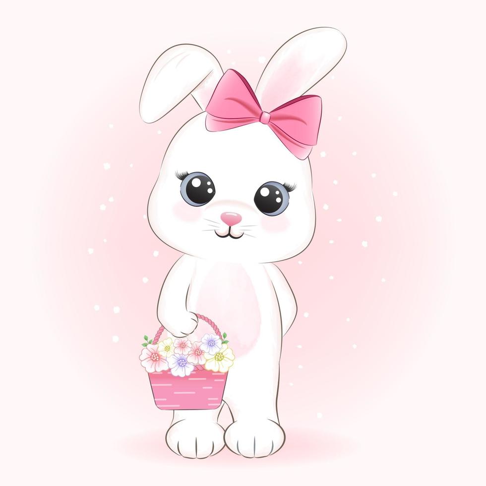 illustration de dessin animé mignon lapin et fleurs panier vecteur