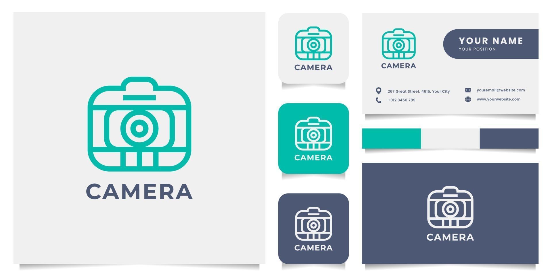 logo de caméra ligne simple et minimaliste avec modèle de carte de visite vecteur