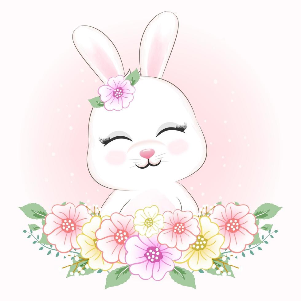 mignon petit lapin et fleurs vecteur