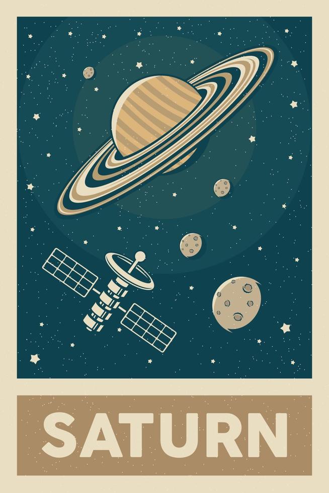 affiche de la planète saturnienne explorant le satellite de style rétro et vintage vecteur