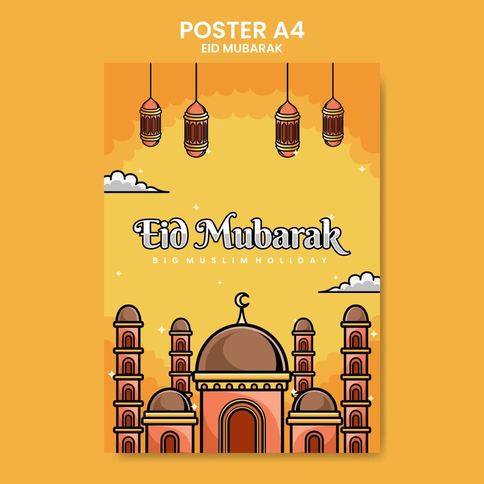 a4 Taille affiche conception avec le thème de eid Moubarak, avec des illustrations de lanternes et mosquées lequel est parfait pour le vacances thème vecteur