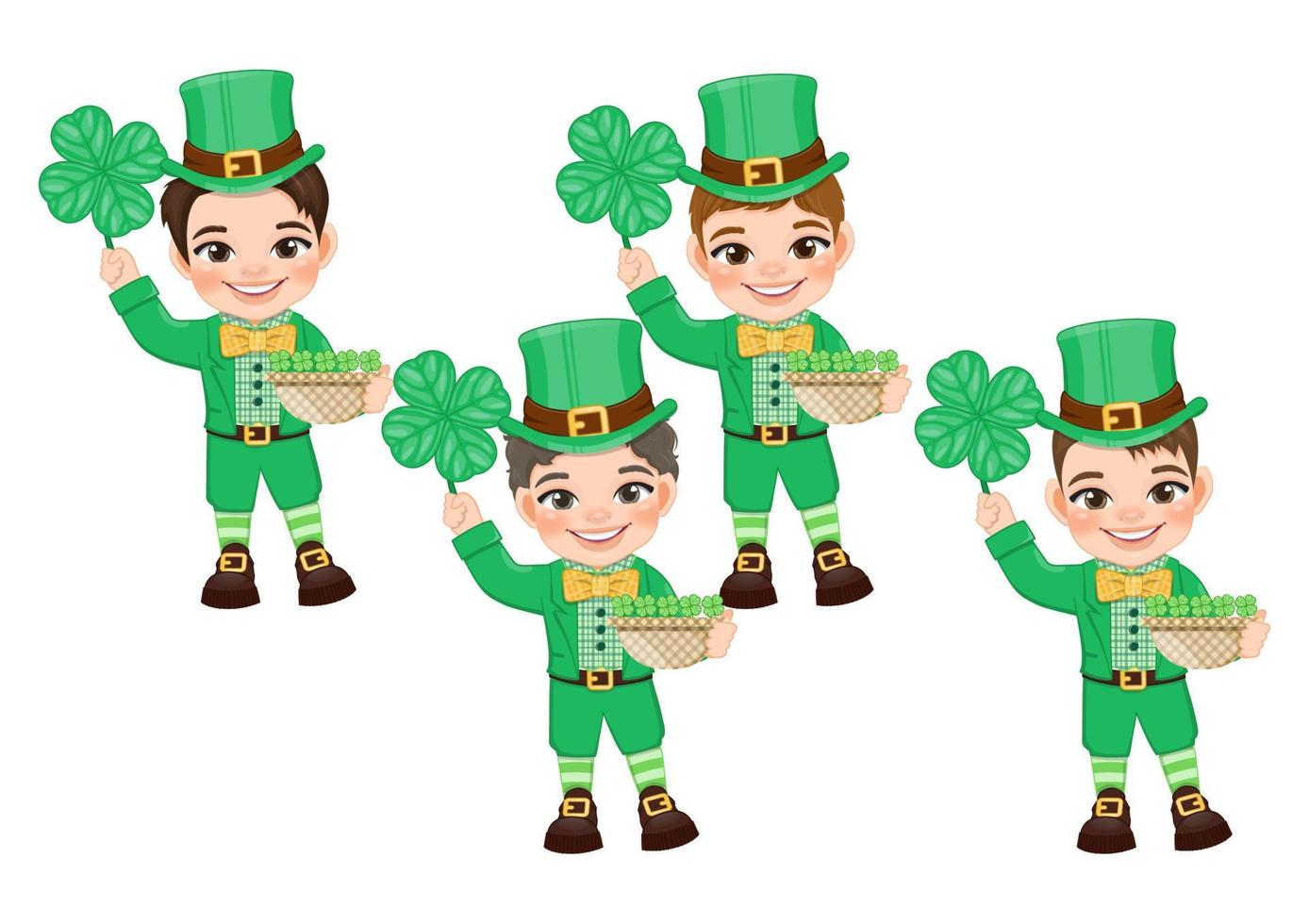 st. patrick s journée avec garçons dans irlandais déguisements. garçon en portant quatre feuille trèfle panier dessin animé personnage conception vecteur