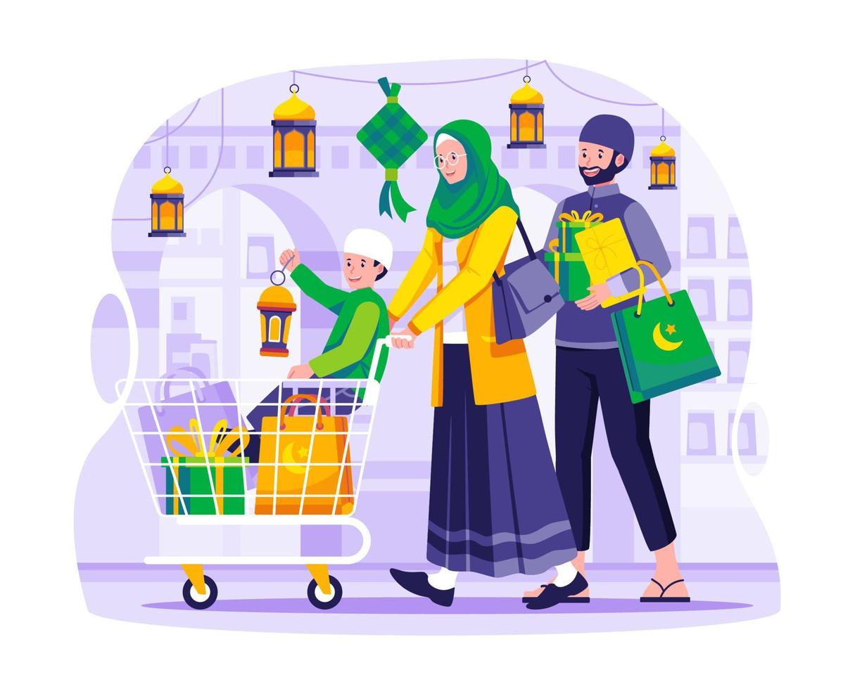 une musulman famille est achats dans le épicerie marché magasin. une mère est en portant une chariot avec sa fils dans il et une père est porter cadeaux et épiceries. Ramadan vente et achats concept illustration vecteur