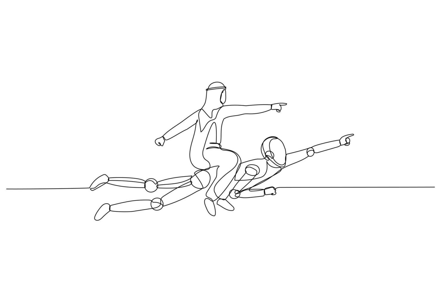 illustration de arabe homme d'affaire équitation ai robot. métaphore pour artificiel intelligence. un ligne art style vecteur