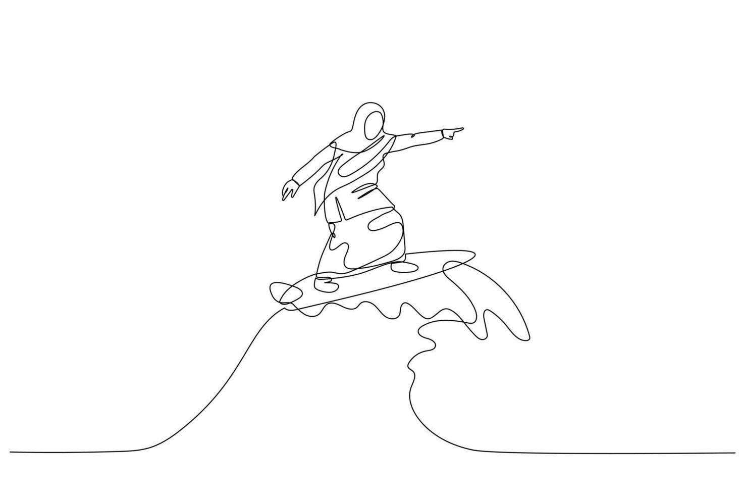 dessin animé de musulman femme équitation le surf planche avec vague. métaphore pour surmonter difficulté. Célibataire ligne art style vecteur