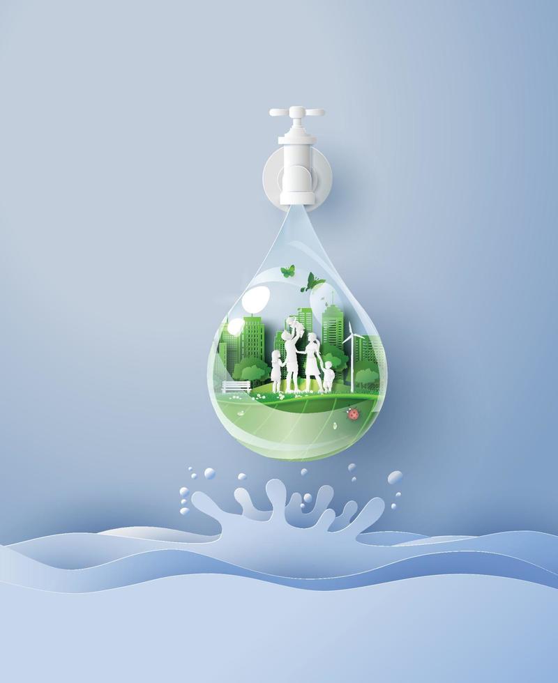 communauté sortant du robinet comme eau. concept de la journée mondiale de l'eau vecteur
