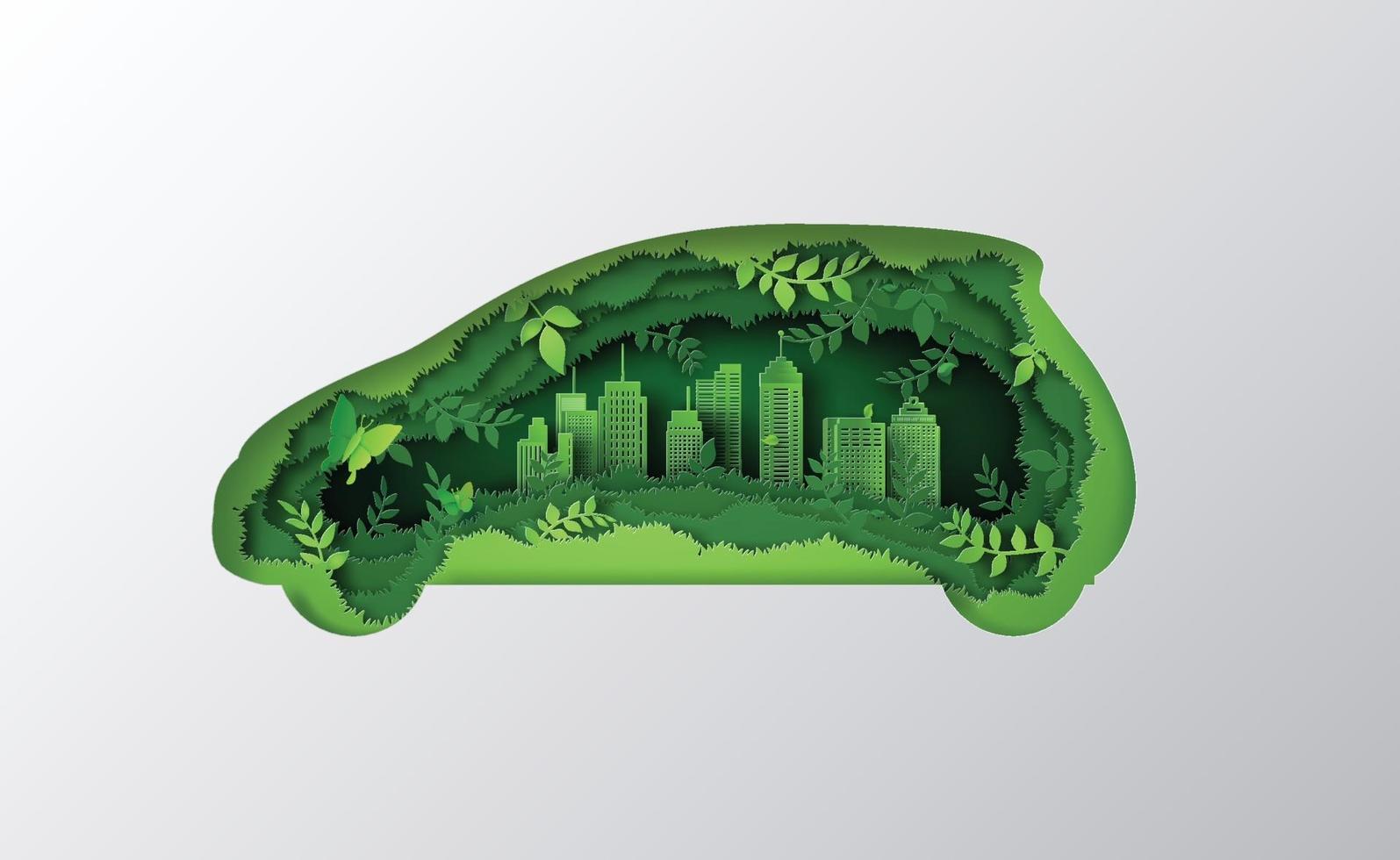 concept de voiture écologique faite de jungle. art du papier et style artisanal. vecteur