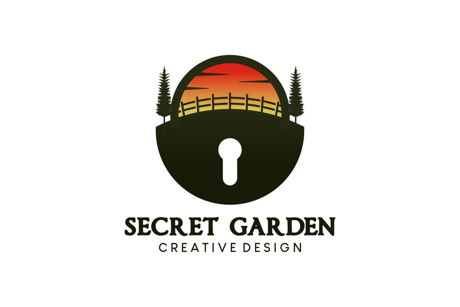 secret jardin vecteur illustration logo conception avec cadenas concept dans le coucher du soleil