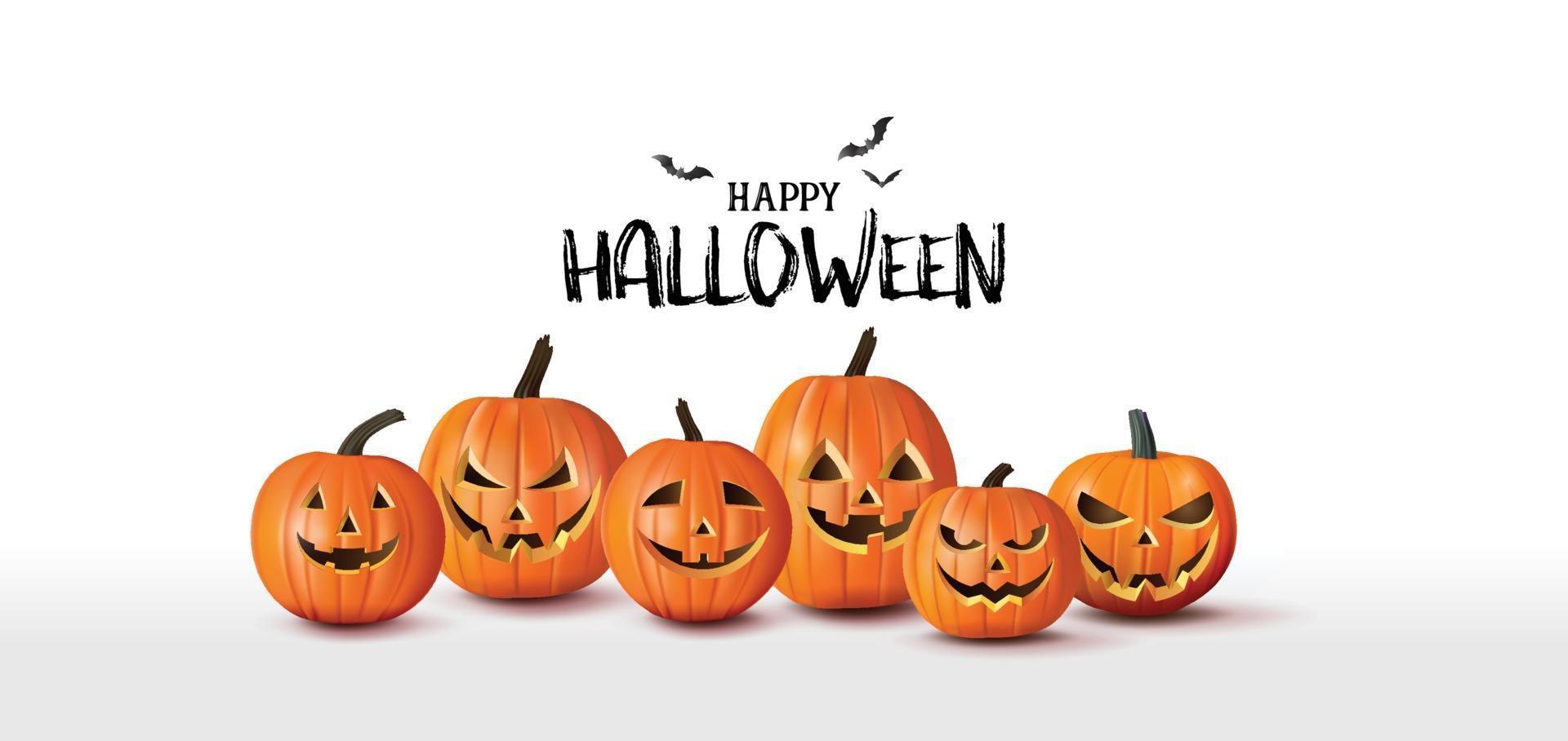bannière de voeux joyeux halloween avec des citrouilles et des chauves-souris. style de papier découpé vecteur