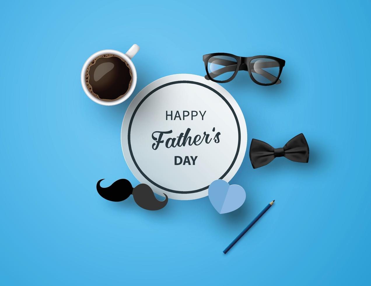 Carte de voeux bonne fête des pères avec moustache, cravate et lunettes en papier découpé vecteur