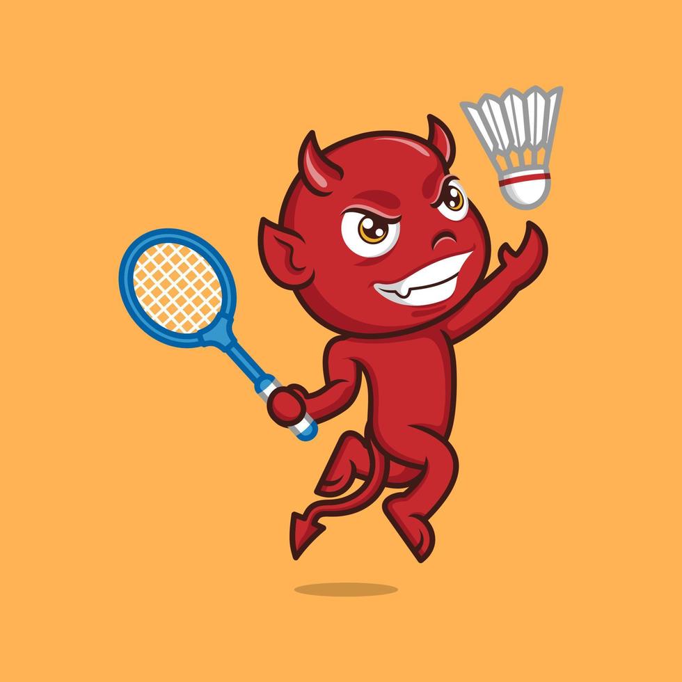 mignonne dessin animé diable en jouant badminton vecteur