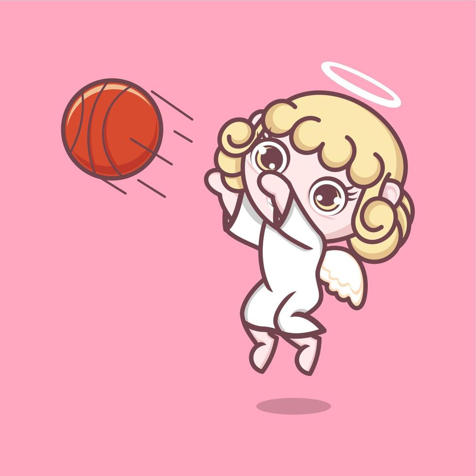 mignonne dessin animé ange en jouant basketball vecteur