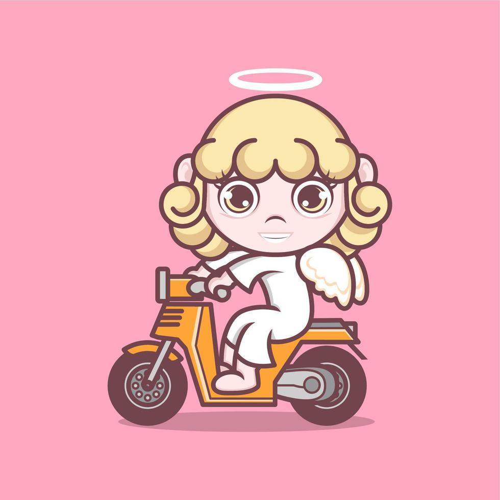 mignonne dessin animé ange équitation une moto vecteur