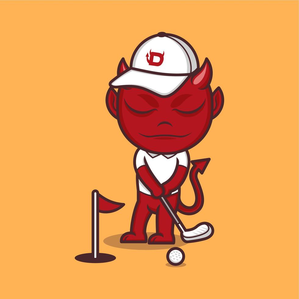 mignonne dessin animé diable en jouant le golf vecteur