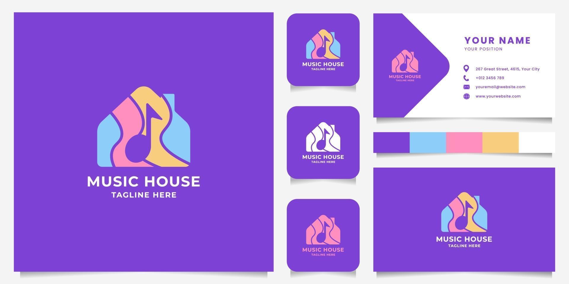 note de musique espace négatif coloré sur le logo de la maison avec modèle de carte de visite vecteur