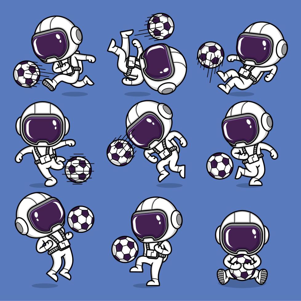 mignonne dessin animé astronaute en jouant football vecteur