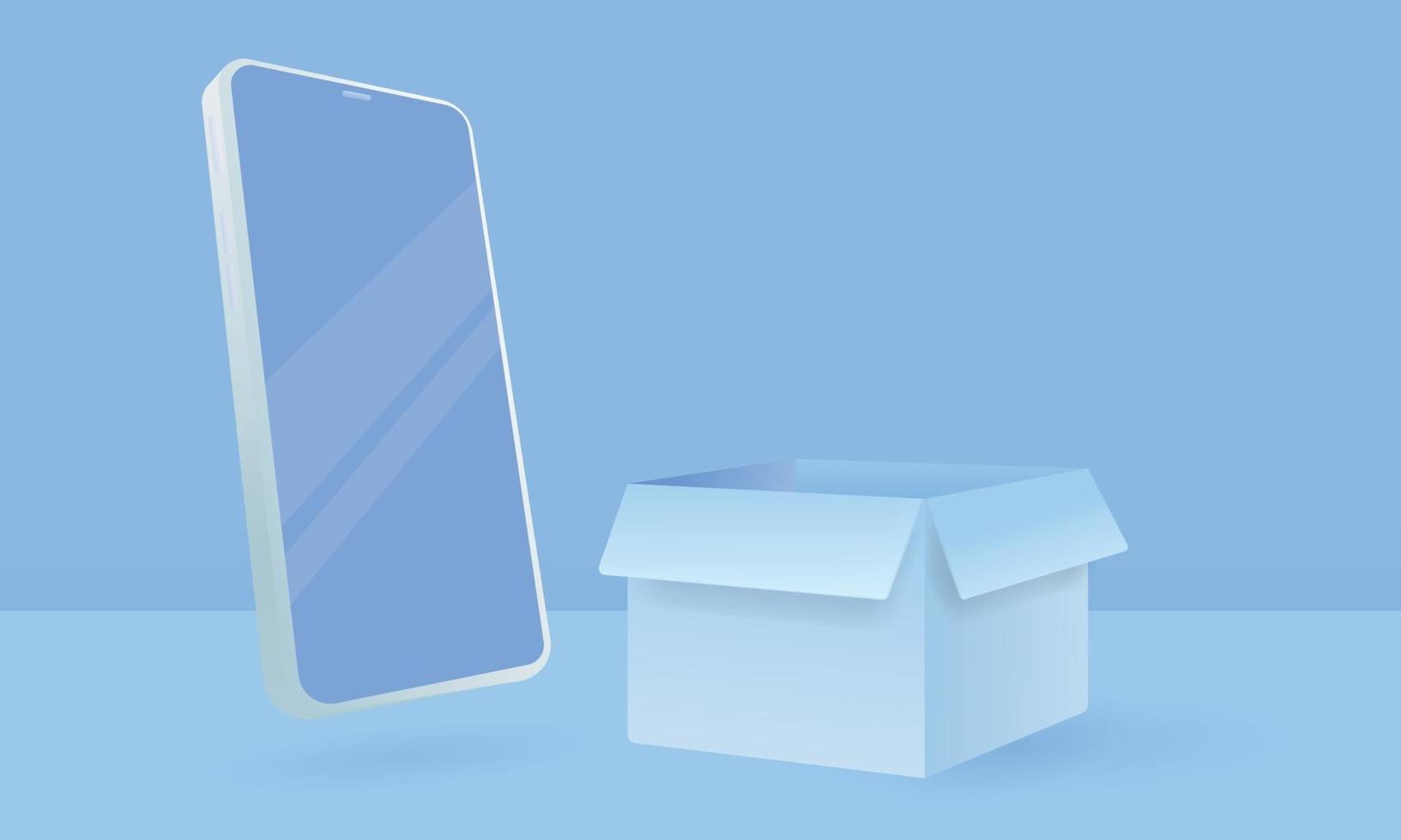 smartphone avec écran blanc et boîte en carton. shopping en ligne et concept de commerce électronique. vecteur