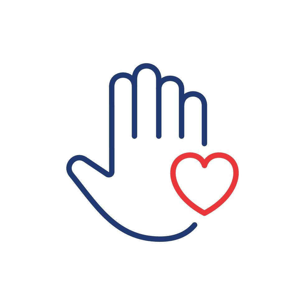 icône de la paume de la main et de la ligne du cœur. symbole du pictogramme linéaire de bénévolat. concept de charité et de don. forme de coeur et icône de contour de main. trait modifiable. illustration vectorielle isolée. vecteur