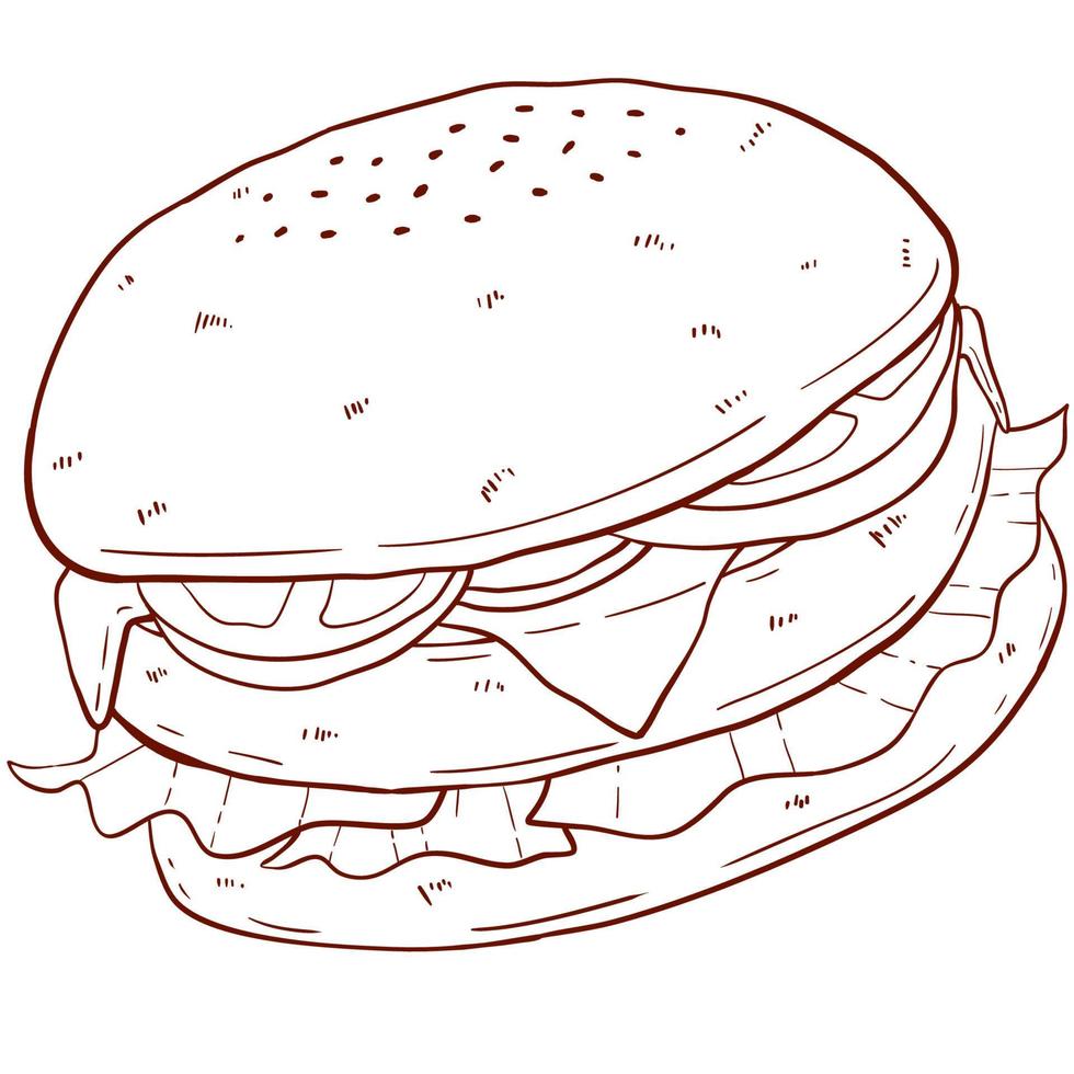 Burger main tiré dessin animé illustration ligne art vecteur