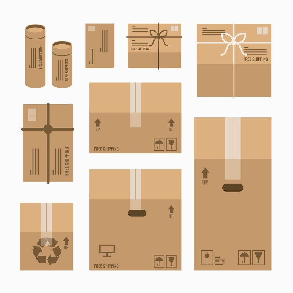 boîte d'emballage de livraison en carton avec des signes fragiles. ensemble de maquette de boîte en carton. vecteur